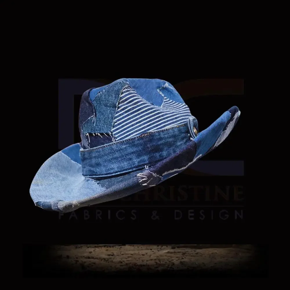 Upcycled patchwork denim cowboy hat - Picture 2 of 4